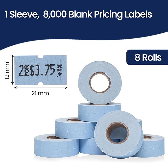 Perco 1 Line Blue Labels - 8,000 Blank Price and Date Gun Labels for Perco Lite, X, Plus and Pro 1 Line Price and Date Guns- 8 Rolls, 1 Sleeve - Made in USA
