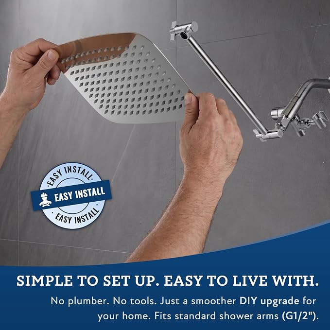 G-Promise All Metal 14 Inch Dual Square Shower Head with Handheld Spray Combo, Rain Shower Head, Adjustable Extension Arm, 3-Way Diverter, 71 Inch Extra Long Hose - A Bathroom Upgrade (Chrome)