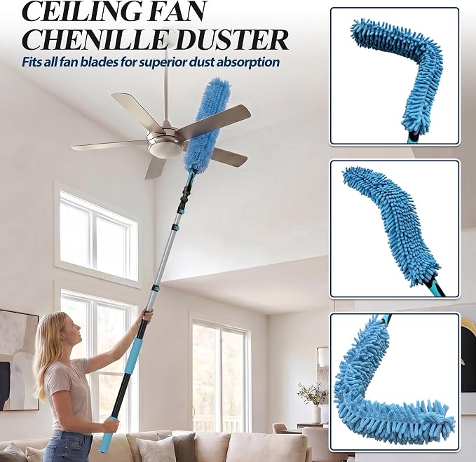COVERONICS 30FT High Duster Cleaning Tools with 6-24FT Extension Poles | Reusable Fan Duster Cleaning Kits with Ceiling Fan Cleaner Duster, Window Squeegee, Microfiber Feather Duster & Cobweb Duster