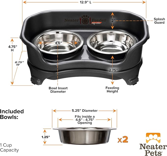 Neater Feeder Express Mess Proof Cat Bowls Elevated, No Spill Feeding Station, Stainless Steel Dishes for Food and Water, Raised Bowls for Indoor Cats, No Fatigue Whisker Friendly Dish, Black