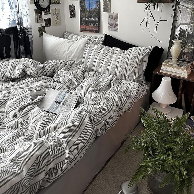 mixinni Vintage Gray & White Striped Duvet Cover Set - 3 Piece 100% Washed Cotton Queen Size Bedding | Minimalist Gender-Neutral Design | Ultra-Soft Breathable, with Zipper Closure & Corner Ties
