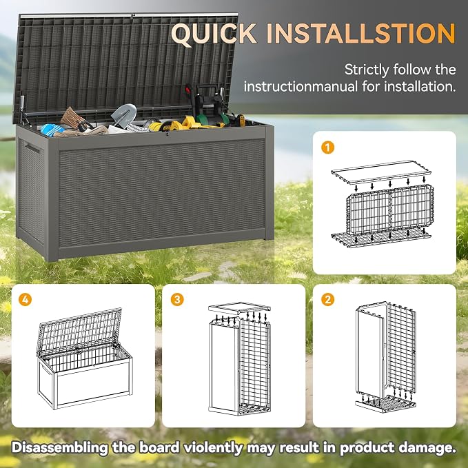 320 Gallon Outdoor Storage Box, Resin Deck Boxes Indoor and outdoor, Waterproof Storage Box Lockable Lid for Garden Tools, Package Delivery, Patio Cushions, Grey