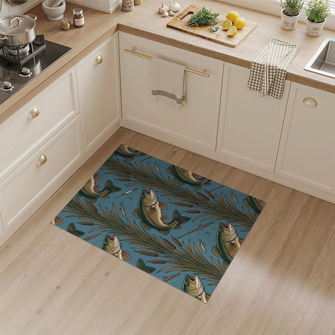 3'x5' Washable Area Rug Bass Lake Lure Tackle Reeds Border Motif Angler Fish Fishing Refined Structured for Home Office, Hallway, Laundry Room, Non-Slip Chair-Friendly