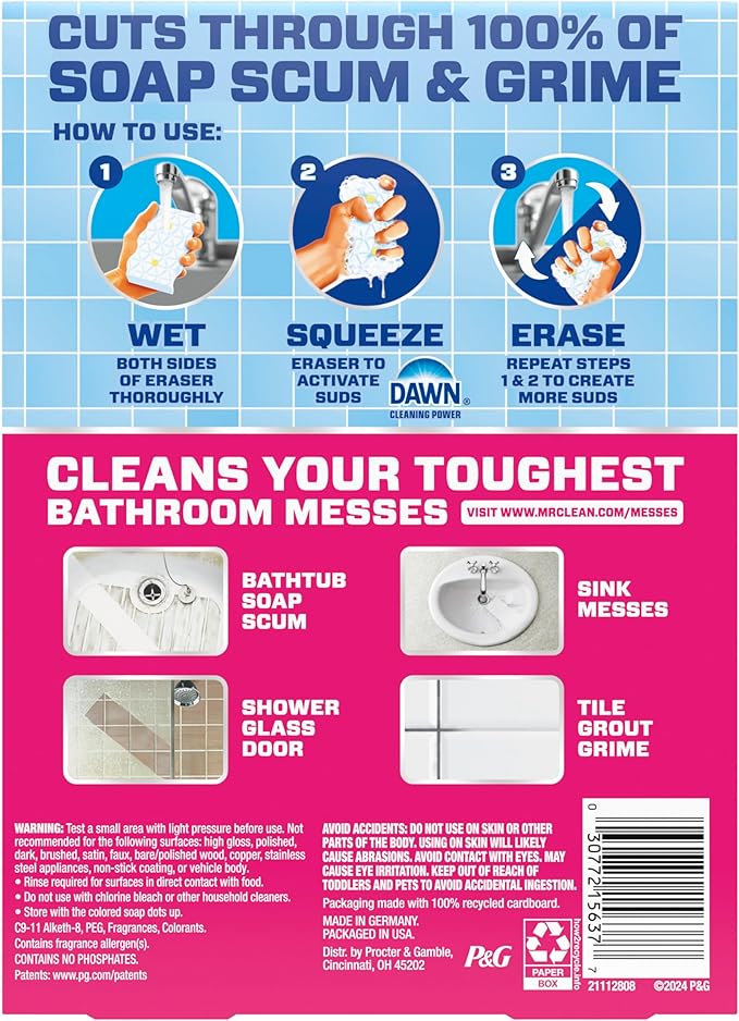 Mr. Clean Magic Eraser Sponge, Bathroom Cleaner, Shower Cleaner, Tub Cleaner, Soap Scum Remover, Bathroom Cleaning Supplies, Dawn Cleaning Power with Lemon Scent, 2 in 1 Bath, 5ct (Pack of 4)
