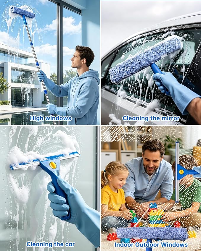 Window Cleaning Kit with Storage Bucket, Squeegee Cleaner Tool with Extension Pole, Glass Cleaning Tools Set with Spray Bottle, Brush, Scrubber, Gap Brush & Gloves for Window Shower Mirror Car