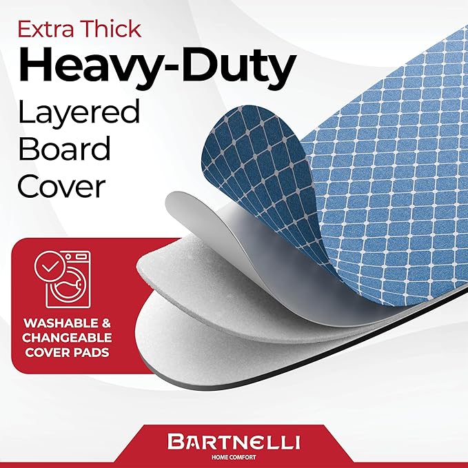 Bartnelli Premium Full-Size Ironing Board 45x15 Inch Large Surface, Integrated Upgraded Iron Rest with Hanger Rack, Height Adjustable, Heavy-Duty Metal Frame, 4 Non-Skid Feet, 4-Layer Cover & Pad