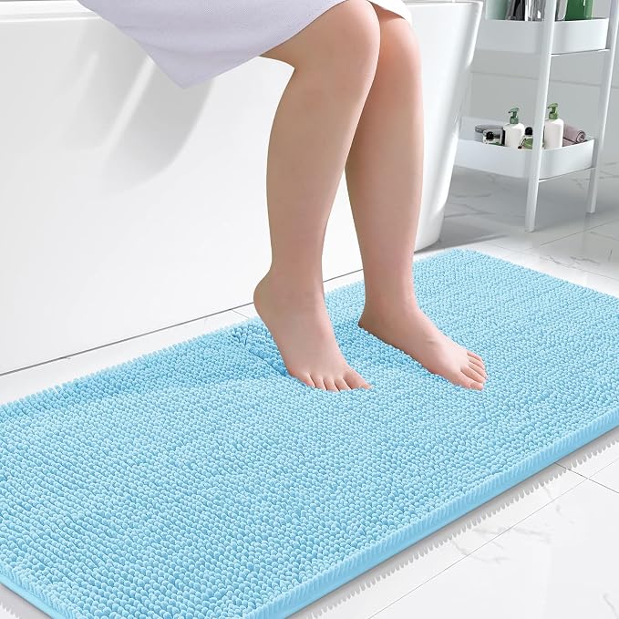 OLANLY Large Bathroom Rugs 45x27, Extra Soft Absorbent Chenille Bath Rugs, Rubber Backing Quick Dry, Machine Washable Bath Mats for Bathroom Floor, Tub and Shower, Home Decor Accessories, Sky Blue