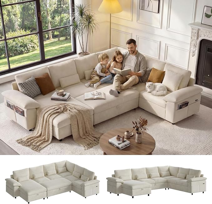 110 Inch Modular Sectional Sleeper Sofa with Pull Out Bed, U Shaped 7 Seat Cloud Modular Sectional Sofa with Storage, Chenille Sectional Couches for Living Room, Removable Sofa Cover, Beige