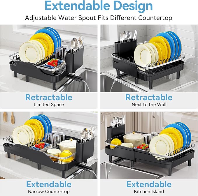 Urackify Expandable Dish Drying Rack for Kitchen Counter, 16.2-23.7", Black | Adjustable Capacity, Countertop-Stay-Dry Drainboard, Stable Plate Rack, Spave Saving for Apartment, RV, Dorms