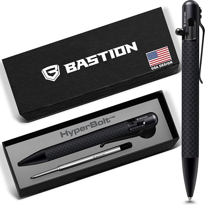 BASTION Bolt Action Pen, Carbon Fiber Jet Black, HyperBolt EDC Pen, Refillable Lightweight Writing Pen, Premium Graduation Gift, Executive Pocket Pen