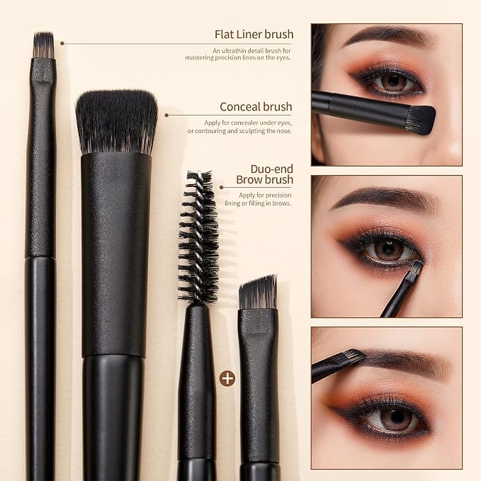 Jessup Eyeshadow Brush Set, 10Pcs Eye Makeup Brushes Professional for Blending Eye Shadow Liner Crease, Duo-end Brow Brush, Elegant Black T337