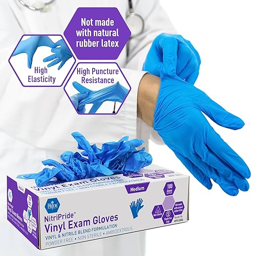 MED PRIDE Nitrile/Vinyl Blend Exam Gloves, Powder-Free, Latex-Free, Disposable, Non-Sterile, Blue, Medium (Box of 100)