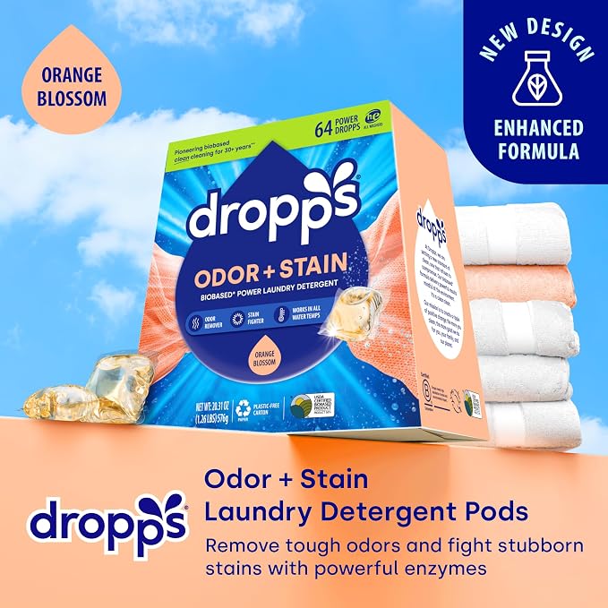 Dropps Odor & Stain Laundry Detergent Pods, Orange Blossom (64 Count) - Powerful Laundry Pods | Complete Clean Laundry Soap | Fights Odors & Stains | Clean Ingredients | Plastic Free Packaging