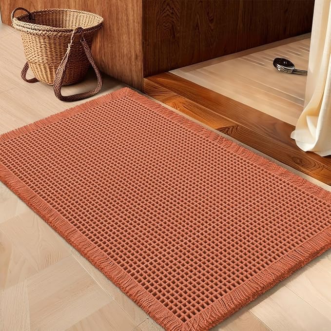 IM HOME Waffle Bath Mat Burnt Orange 36"x24", Boho Woven Modern Bath Mat Rugs, Absorbent Non Slip Bathroom Rugs, Soft Washable Bath Rugs with Tassels for Bedroom, Kitchen, Shower, Tub