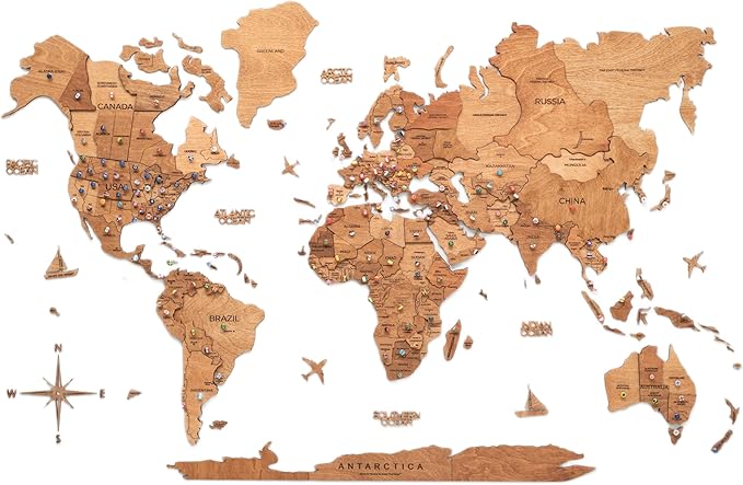 Enjoy The Wood 3D Wooden World Map Wall Art - Large Travel Map with Pins for Art Decor - Decorative Map of the World for Home, Office - Travel Wall Art Housewarming Gift Idea (Oak, 2XL, Unframed)