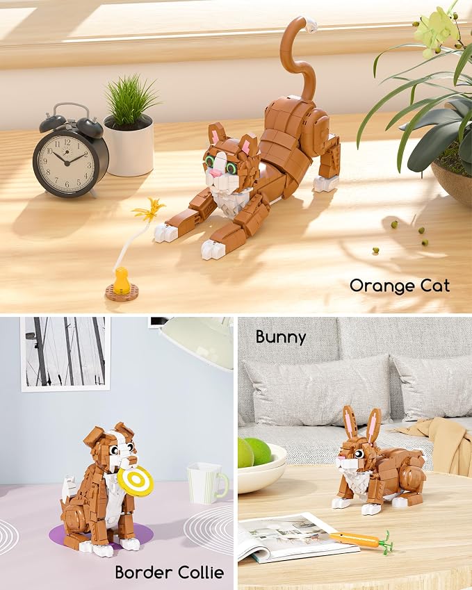 3-in-1 Orange Cat Building Set, Build a Cat, Dog or Rabbit, Creative Animal Building Toy for Kids Ages 8+, Gift for Animal Lovers, Girls and Boys