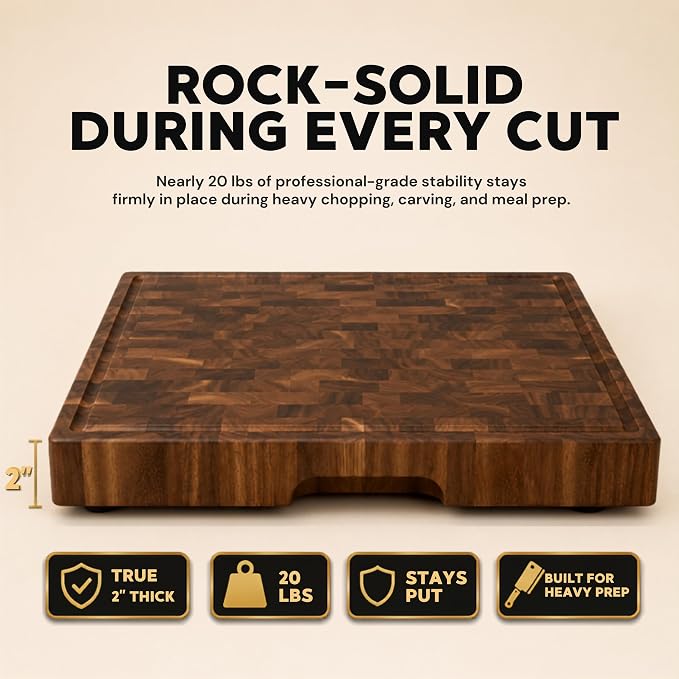 SHUMARU XXXL End Grain Cutting Board 24 x 18 x 2 Inch Thick, Premium Exotic Heartwood Butcher Block, Knife-Friendly Wood Chopping Block with Juice Groove, Non-Slip Feet & Side Handles