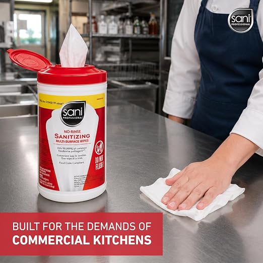 PDI Sani-Professional Sanitizing Wipes, No-Rinse Multi-Surface Cleaning for Food Contact Surfaces, Kitchens, Restuarants Tables, 95 Large 7.75" x 9" Count per Canister, Pack of 6
