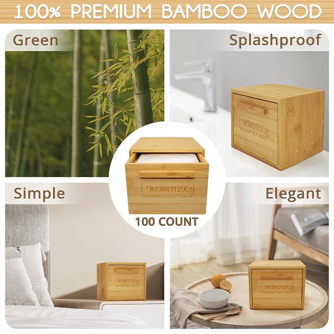 WOWOTEX Bamboo Towel Container with Disposable Face Towels 100 Count | Solid Bamboo Construction, Face Towel Dispenser, Extra Soft Sheets, Ideal For Vanity Skincare, Makeup Removal and Cleansing