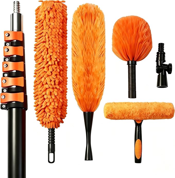30FT High Reach Duster Kits with Dual Action Flip-Lock & Screw Fixing Design, 5-24FT Extension Pole, Cobweb Duster, Washable Ceiling Fan Cleaner & Window Squeegee for Glass & High Roof