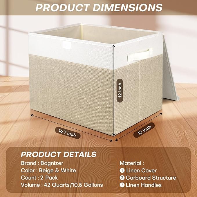 Bagnizer Large 42 Quarts Fabric Storage Bins with Lids [2-Pack] Linen Collapsible Foldable Baskets, Closet Organizer Containers boxes with Handles for Home Office (16.7 x 12 x 12, Beige & White)