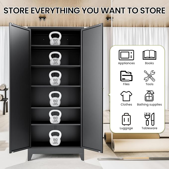 AQY Metal Pantry Cabinet, 75" Black Kitchen Storage Cabinet with Doors | 5 Adjustable Shelves Ventilated Metal Cabinet Hanging Hooks Freestanding Kitchen Storage