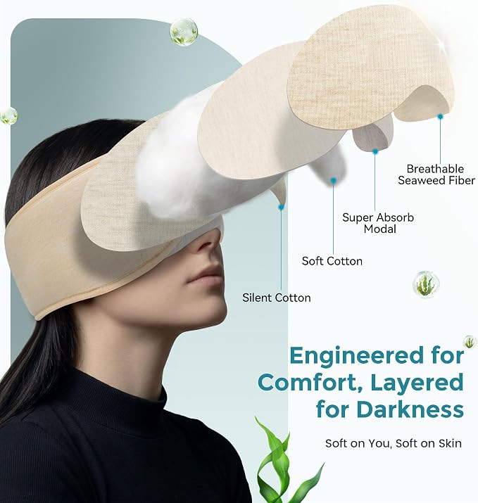LC-dolida Sleep Masks with Bluetooth Headphones, Soft Seaweed Fiber Cotton Bluetooth Sleep Mask, Total Blackout Fully Wrapped Sleep Mask for Side Sleepers, Travel Meditation Gift, Nude