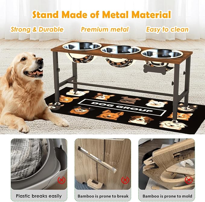 XXLarge Wooden Elevated Dog Bowl Stand – 4 Adjustable Heights (11.8"-17.7"), Wooden & Metal with 3 Stainless Steel Bowls & Splash Pad for Large & Extra Large Breeds