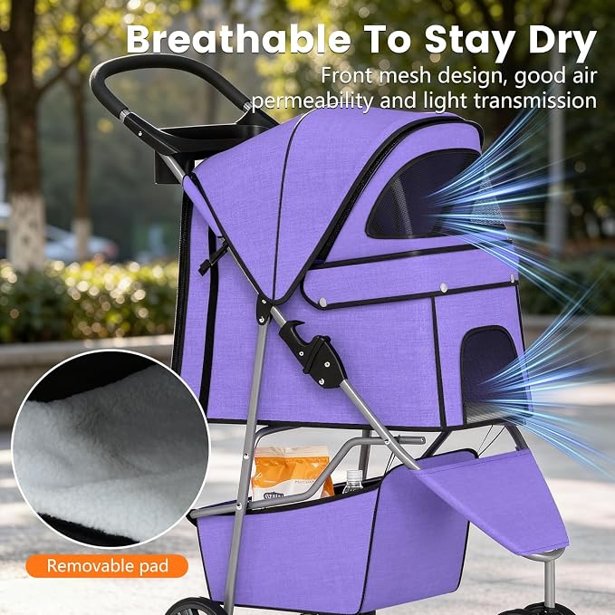 BestPet 3 Wheels Pet Stroller Dog Cat Cage Jogger Stroller for Medium Small Dogs Cats Folding Travel Carrier with Cup Holder, Waterproof Design & Removable Liner, Purple