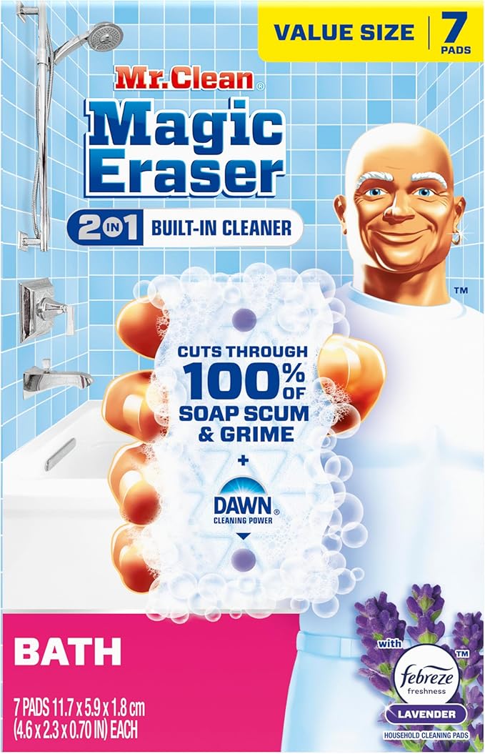Mr. Clean Magic Eraser Sponge, Bathroom, Shower & Tub Cleaner, Soap Scum Remover, Bathroom Cleaning Supplies, Dawn Cleaning Power with Febreze Lavender Scent, 2 in 1 Bath, 7ct (Pack of 4)