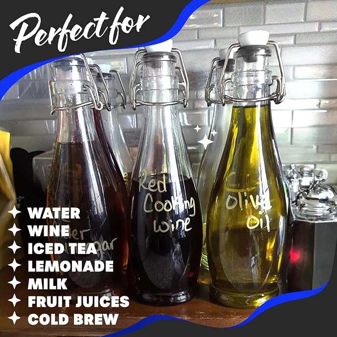 Nevlers 17 Oz Teardrop Flip Top Glass Bottle with Stopper 12 Pack | Swing Top Glass Bottles with Airtight Lid, Funnel, Brush, Tags, Marker & Shrink Wrap | Soda Bottles | Air Tight Bottle For Liquids