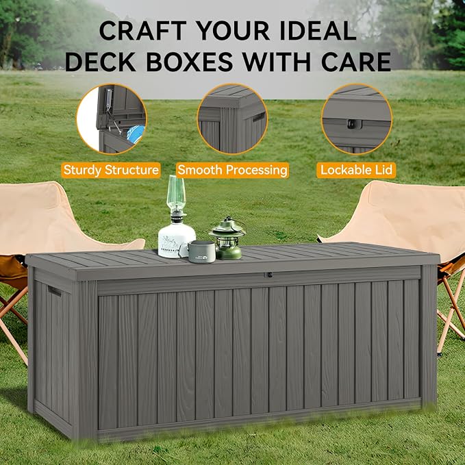 Outdoor Storage Box, 230 Gallon Large Outdoor Resin Deck Box, Storage Waterproof Boxes Lockable Lid for Garden Tools, Pool Supplies, Patio Furniture and Cushions, Grey
