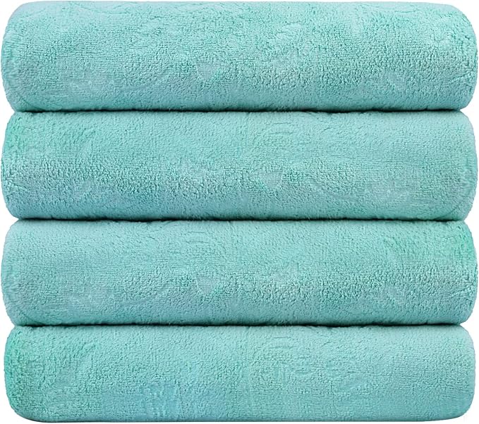 JML Microfiber Bath Towels, 30" x 60", 4 Pack, Green-Floral | Oversized, Soft, Super Absortbent, Fast Drying, Multipurpose Use for Sports, Fitness, Yoga