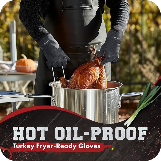 KITCHEN PERFECTION XL Silicone Smoker Oven Gloves-Extreme Heat Resistant BBQ Gloves-Handle Hot Food Right on Your Grill Fryer&Pit|Waterproof Grilling Cooking Baking Mitts|Superior Value Set+3 Bonuses | Waterproof, 5-Finger Design For A Better Grip, for...