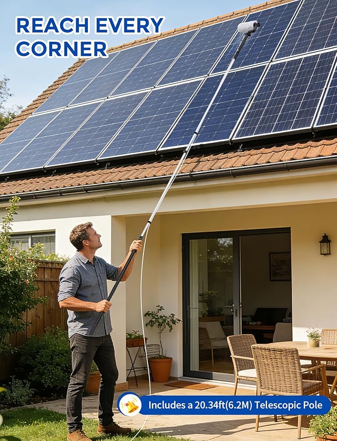 Electric Solar Panel Cleaning Kit, 20FT Solar Panel Cleaning Brush and Pole with Soap Dispenser, Telescopic Water Fed Pole, Solar Panel Cleaner Solution for Windows, Roof, RV