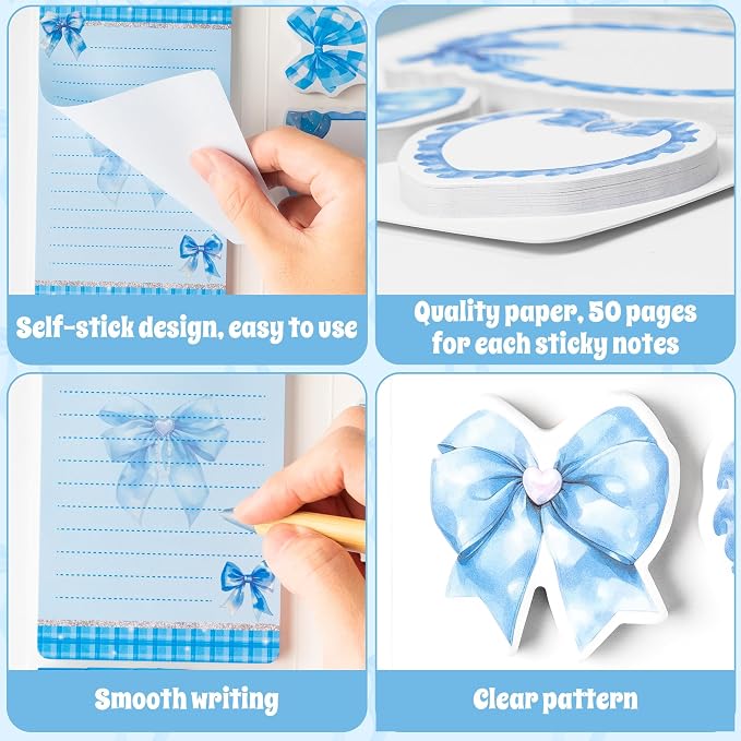 Xqumoi 2 Pack Coquette Blue Bow Sticky Notes for School Office Supply | Blue Bow Sticky Notes Set, Notepads Writing Memo Pad, Page Marker Bookmarker, Preppy Girly Gift, Back to School Office Supply