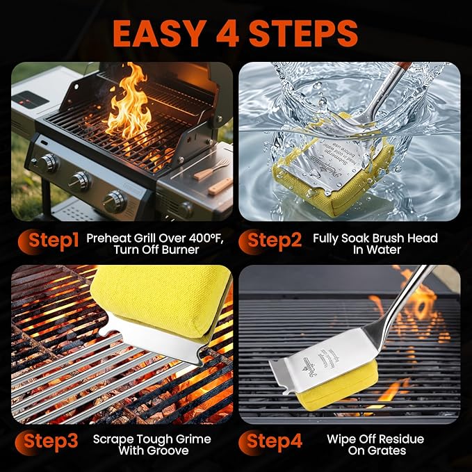 Grill Brush for Outdoor Grill, Bristle Free Grill Brush with Scraper, Safe Steam Grill Cleaner for BBQ &Griddle, Long Rosewood Handle Reaches Corners, for Porcelain, Cast Iron & Stainless Steel Grates