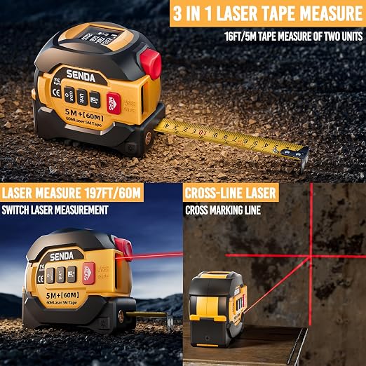 SENDA 3-in-1 Laser Tape Measure - 197Ft Digital Measuring Tape with Led Display&16Ft Measuring Tool with Magnetic Hook & Auto Lock - Pythagorean, Area, Volume, Ft/Ft+in/in/M Unit,AAA Battery*2, Yellow