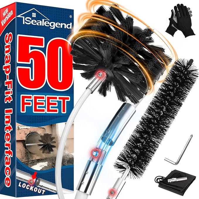 Sealegend 50 Feet Dryer Vent Cleaner Kit/Lint Remover/Fireplace Chimney Brushes/Upgraded Flexible Quick-Snap Brush with Drill Attachment for Easy to use/Cleaning Tools Use with or Without Power Drill