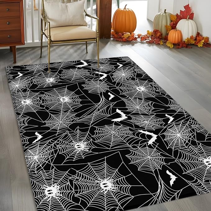 3 x 5 Ft Area Rug for Reading Room. Halloween Indoor Accent Rugs for Living Room, Black Scary White Bat Animal Net Geometric Decorative Modern Carpet Washable Low Pile Non Slip Rug for Bedroom