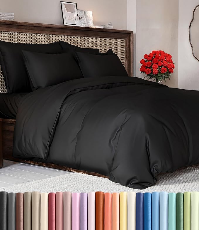 Duvet Cover Super Queen Size Set - Extra Soft Super Queen Duvet Cover 98" x 90" with 2 Pillow Shams for Women, Men, Kids & Teens - Hotel Luxury w/ Zipper Closures & Ties - Comfy & Breathable (Black)