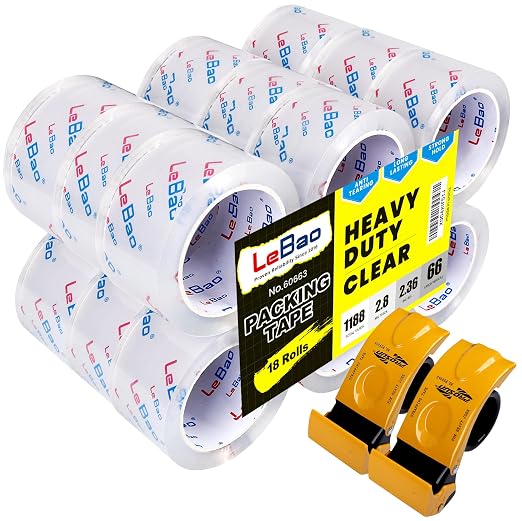 Bulk Pack Tape Heavy Duty Packing Tape with Dispenser – 18 Rolls Packaging Tape, 2.36 Inch x 66 Yd, 2.8 Mil – Strong Adhesive Package Tape for Moving & Shipping Supplies