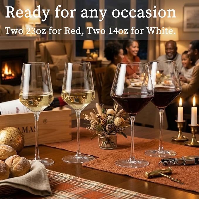 Physkoa Wine Glass Set of 4 – 2 Red (23oz) & 2 White (14oz) Hand-Blown Crystal Glasses with Corkscrew, Perfect Gifts for Birthday, Engagement, Wedding & Housewarming Mother's Day
