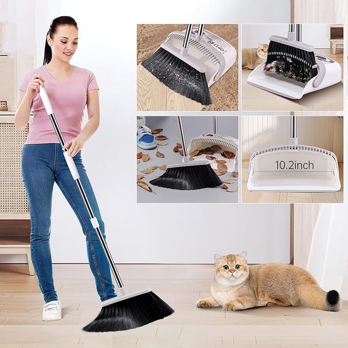 Broom with Dustpan Combo Set, Hand Broom and Dustpan Set for Sweeping Indoor Angle Broom for Home Office Kitchen Lobby Floor Pet Hair Indoor&Outdoor Cleaning (White&Gray)