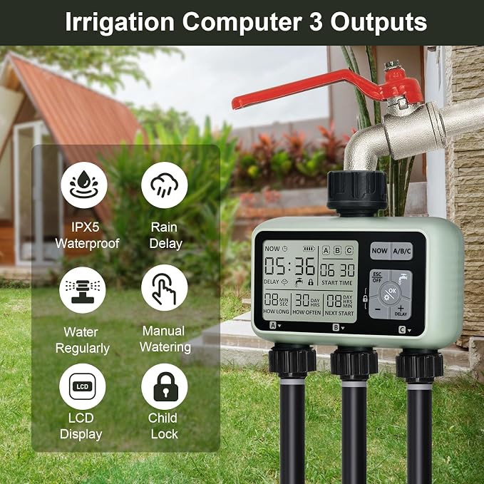 Watering Timer 3 Zone, Sprinkler Timer, Programmable Garden Outdoor Hose Faucet Timer with Rain Delay, Auto & Manual Watering System,Water Hose Irrigation Timers 3 Outlet for Garden Lawn