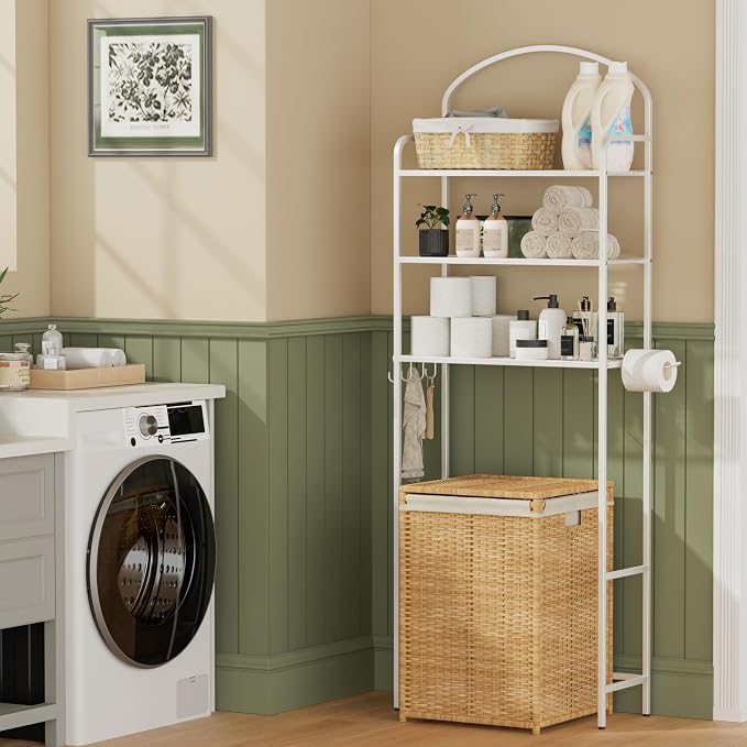 Over The Toilet Storage Rack - 3 Tier Bathroom Organizer with 4 Hooks & Paper Holder - Space Saving Metal Shelf for Bathroom - White Toilet Storage