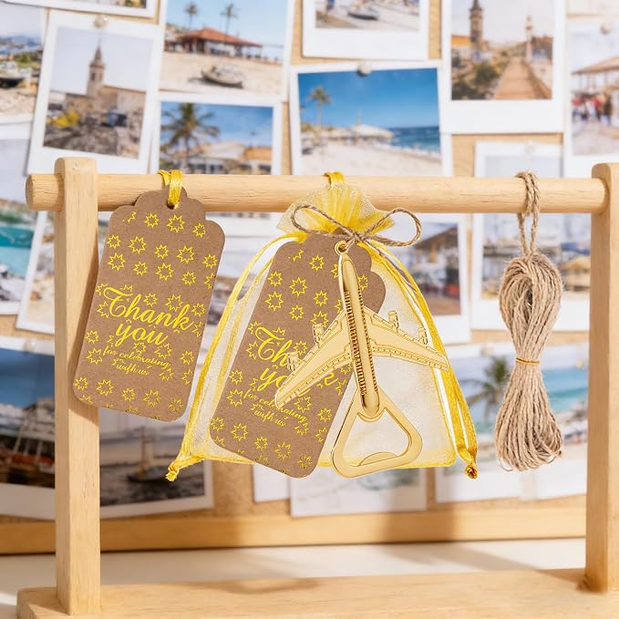50 Pack Airplane Bottle Opener Favors, Metal Airplane Bottle Openers with Thank You Tags & Organza Bags, Travel Themed Party Favors, Destination Wedding Favors, Let the Adventure Begin Theme