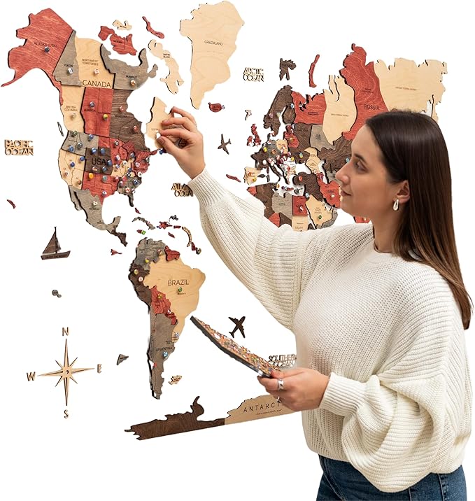 Enjoy The Wood 3D Wooden World Map Wall Art - Large Travel Map with Pins for Art Decor - Decorative Map of the World for Home, Office - Travel Wall Art Housewarming Gift Idea (Fusion, XL, Unframed)