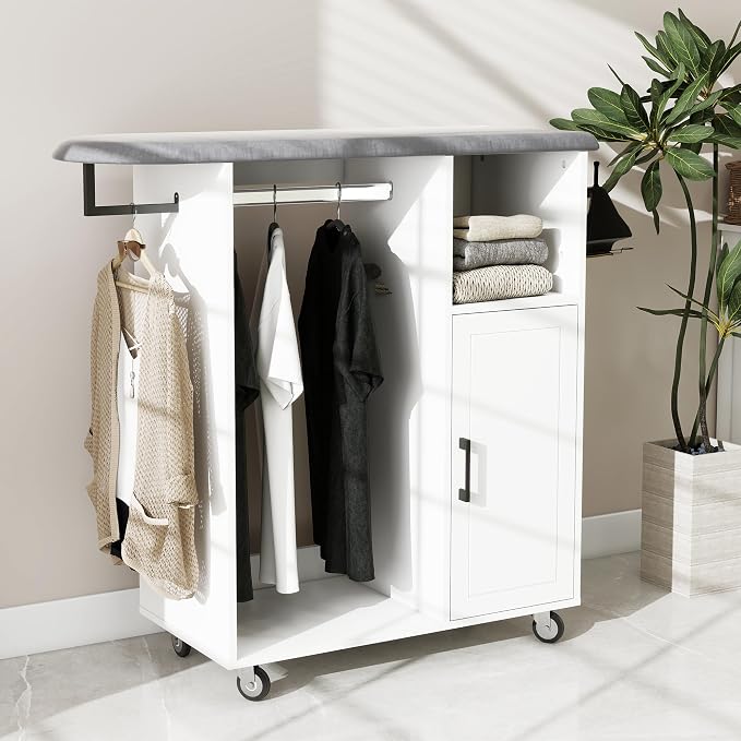 Rolling Ironing Board with Storage, Ironing Cart with Iron Holder and Coat Hanger, Multipurpose Ironing Cabinet with Wheels, Suitable for Laundry Room, Bedroom, Coat and hat, White