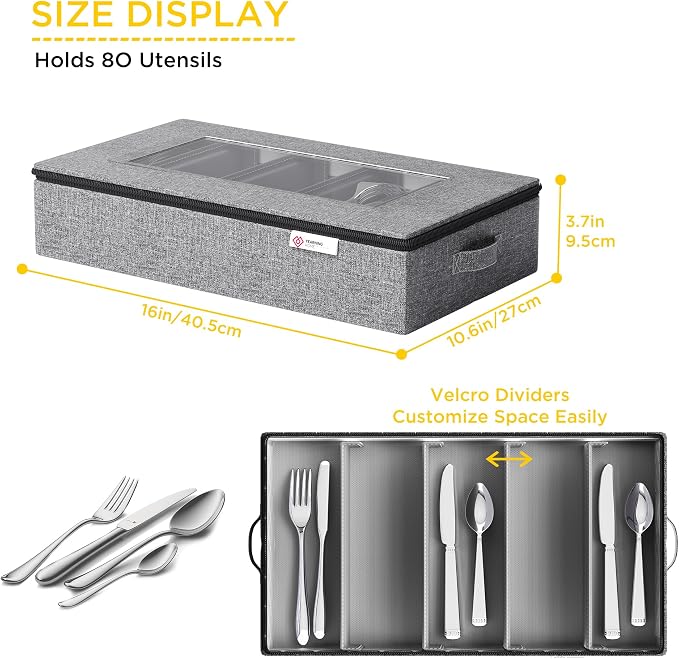 Silverware Storage Box,Hard Shell Flatware Organizer with Lid and Zipper,Utensil Storage with Clear Window and adjustable Divider for Spoons,Forks.Knives,Grey